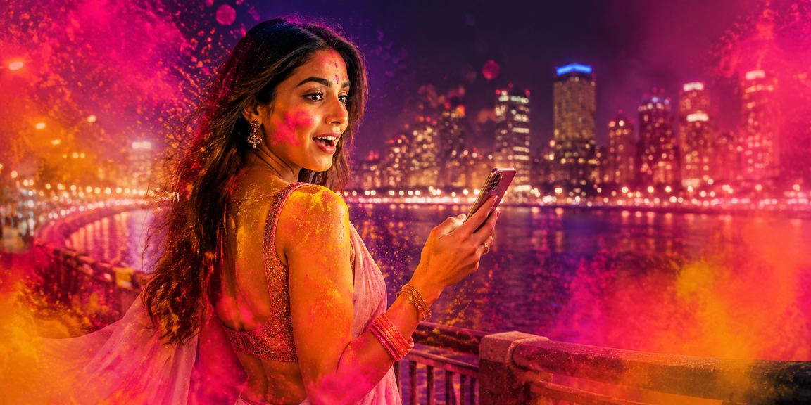 A young woman celebrating Holi enjoying mobile casino gaming